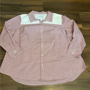 Womens Studio Red and White Striped Button-Front Shirt with Lace Yoke *No Size*